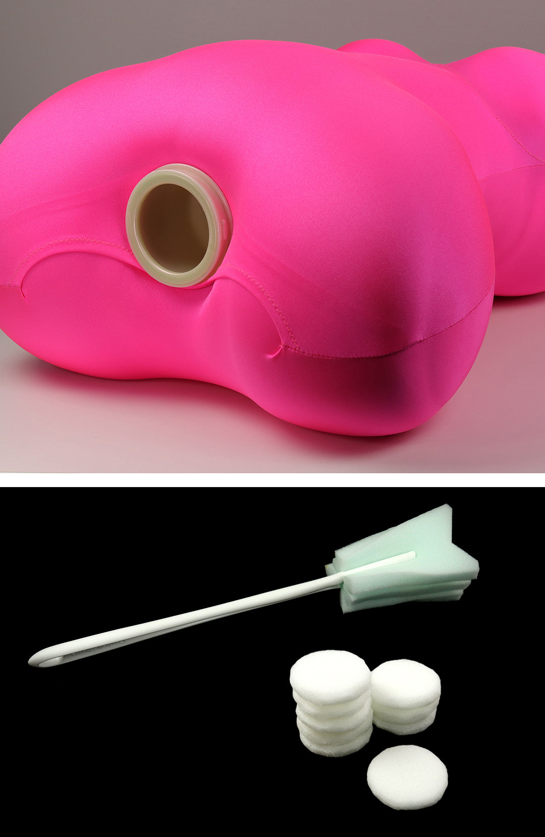 Nookie Doll M1 sex toy mount with accessories, a cleaning tool and diaphragms.
